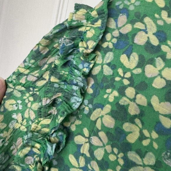 Zac & Rachel Wms M Green Floral Button Front Gauzy Top Ruffle Trim Cottagecore - Picture 5 of 11